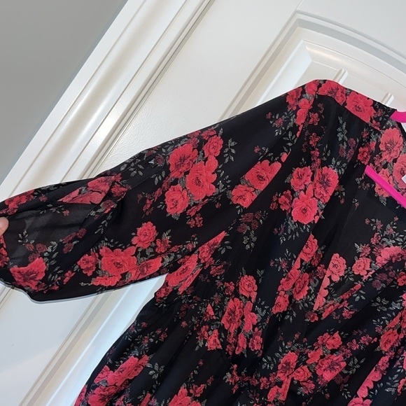 Whimsigoth dark romantic red black floral 3/4 sleeve semi sheer maxi dress 22/24 - Picture 4 of 11